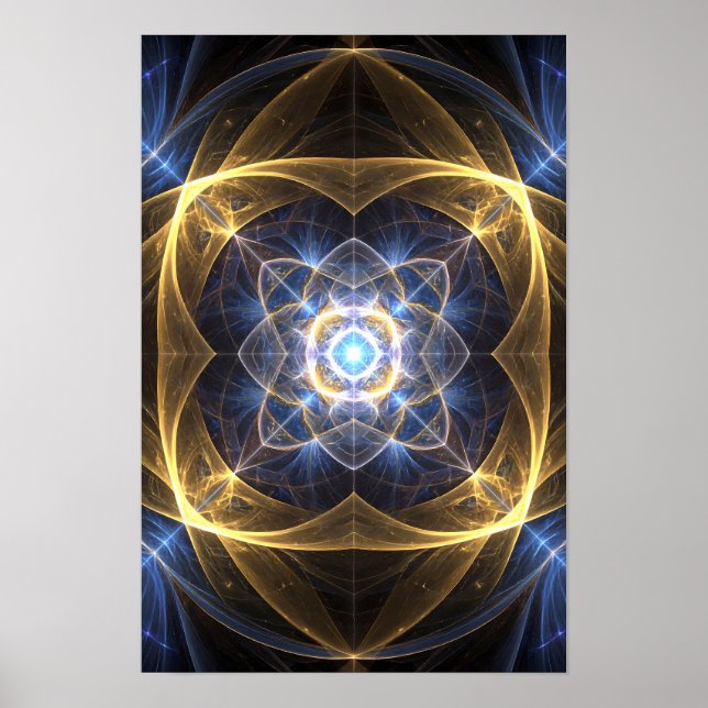 Abstrakt Guld Blue Fractal Energy Art Poster (Framsidan)