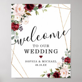 Abstrakt guld burgunder rosa blommig välkomstskylt poster