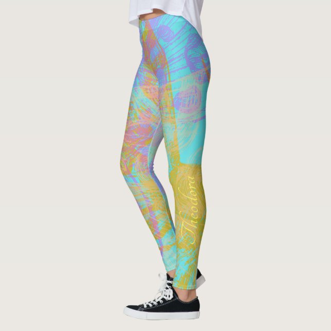 Abstrakt Guld Butterfly Aquamarine Violet Leggings (Vänster)