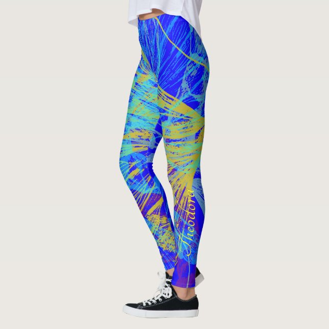 Abstrakt Guld Butterfly Blue Pastel Leggings (Vänster)