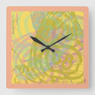Abstrakt Guld Butterfly Gult Blue Pastel Fyrkantig Klocka