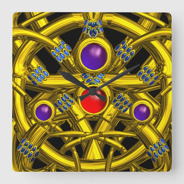 ABSTRAKT GULD CELTISKA KNOT MED FÄRGGGEMSTONER FYRKANTIG KLOCKA (Framsida)