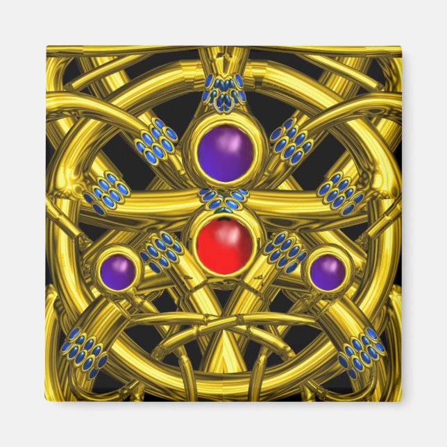 ABSTRAKT GULD CELTISKA KNOT MED FÄRGGGEMSTONER MAGNET (Framsidan)