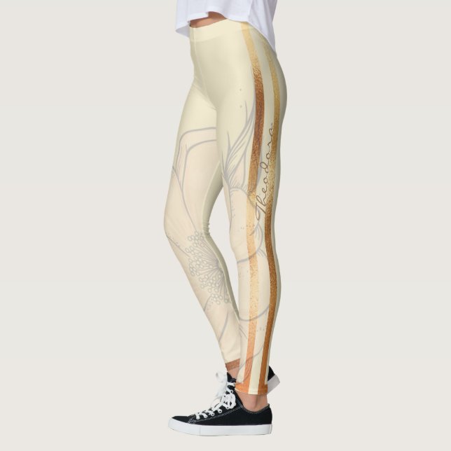 Abstrakt Guld Creme Blommigt Leggings (Vänster)