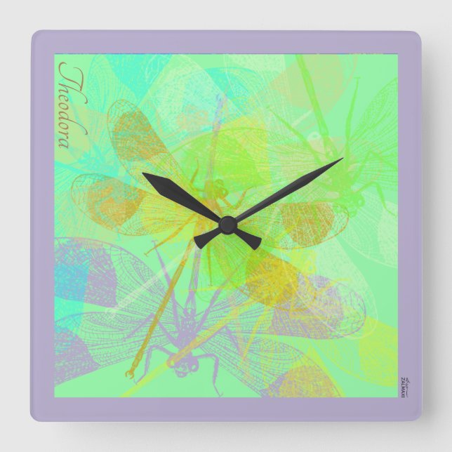 Abstrakt Guld Dragonfly Blue Pastel Fyrkantig Klocka (Framsida)