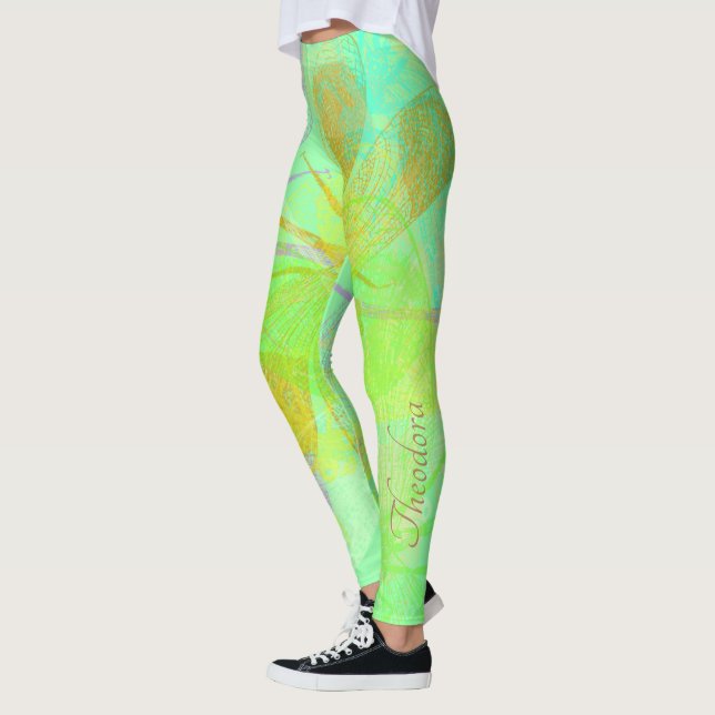 Abstrakt Guld Dragonfly Blue Pastel Leggings (Vänster)