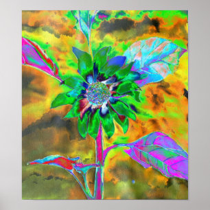 Abstrakt guld grönt solros funky i efterhand poster