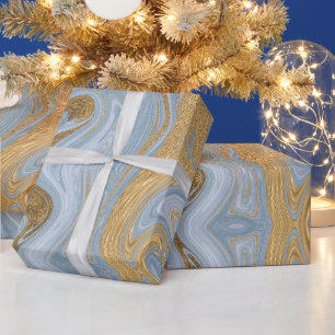 Abstrakt Guld och Blue Agate Marble Swirl Presentpapper