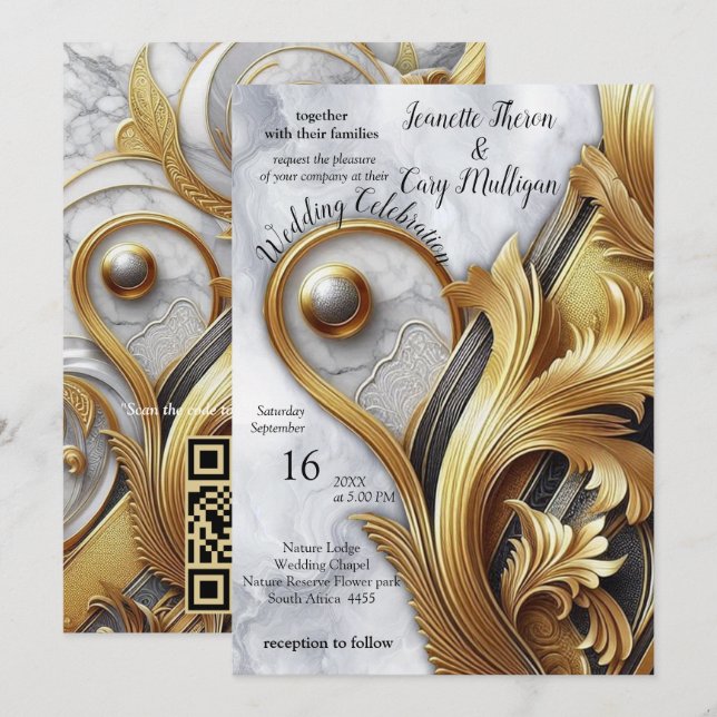 Abstrakt Guld på Svarta och blandade Marble Strukt Inbjudningar (Fram/baksida)