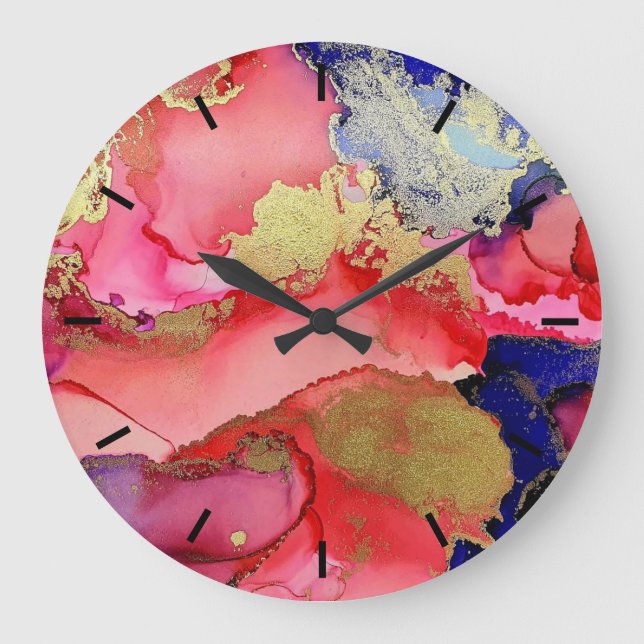 Abstrakt Guld Red Blue Acrylic Wall Clock Stor Klocka (Framsida)