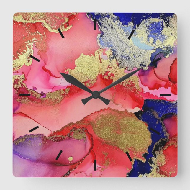 Abstrakt Guld Red Blue Fyrkantig Klocka (Framsida)