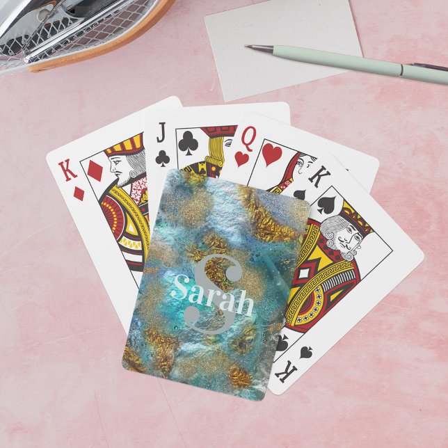 Abstrakt Guld Teal Faux Foil Glitter Namn Casinokort (Skapare uppladdad)