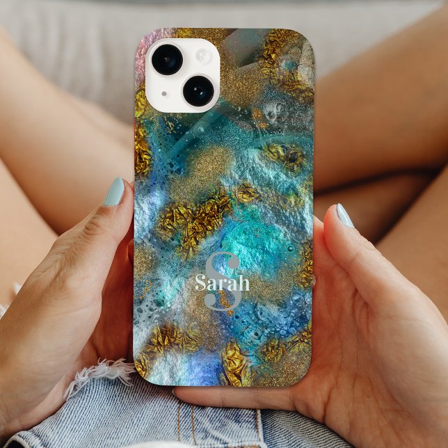 Abstrakt Guld Teal Faux Foil Glitter Namn Monogram (Skapare uppladdad)