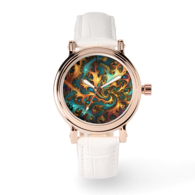 Abstrakt Guld Teal Orange Flames Armbandsur (Framsida)