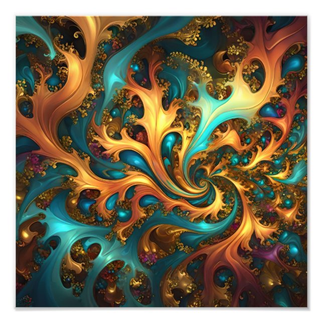 Abstrakt Guld Teal Orange Flames Fototryck (Framsidan)