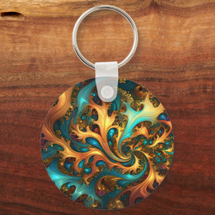 Abstrakt Guld Teal Orange Flames Nyckelring