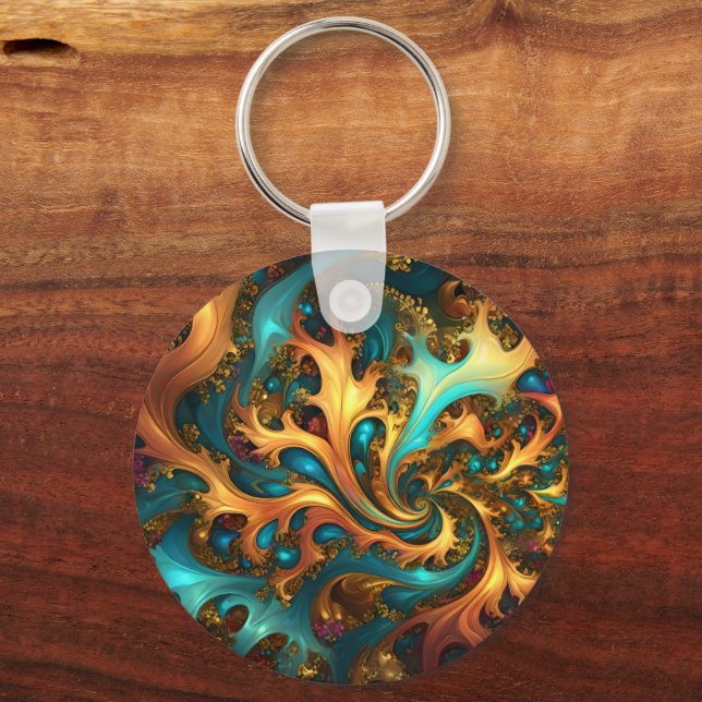 Abstrakt Guld Teal Orange Flames Nyckelring (Baksida)