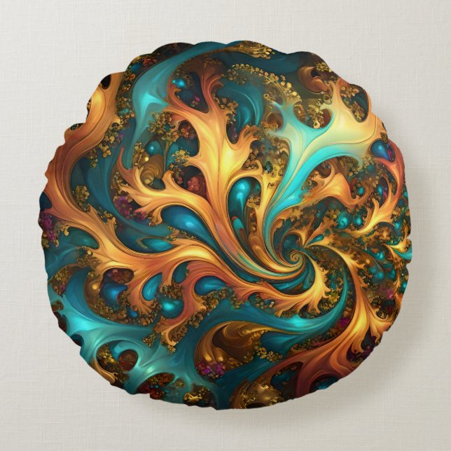 Abstrakt Guld Teal Orange Flames Rund Kudde (Framsidan)