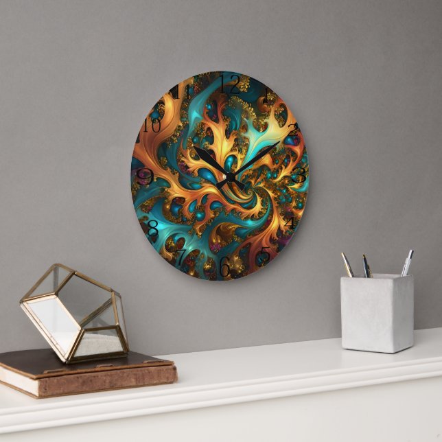 Abstrakt Guld Teal Orange Flames Stor Klocka (Kontor)
