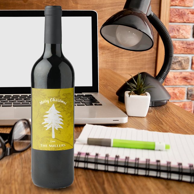Abstrakt Guld White Julgran God jul Vinflaska Etikett (Abstract Gold White Christmas Tree Merry Christmas Wine Label)