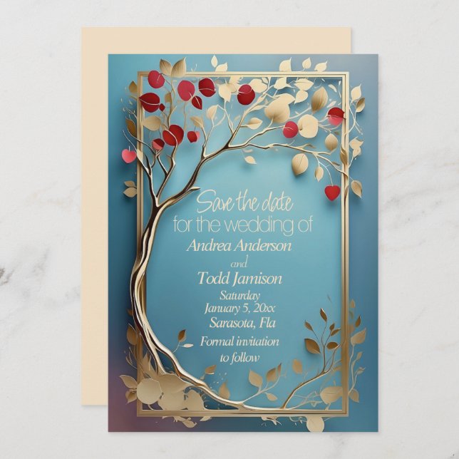 Abstrakt guldäpple träd träd bröllop spara datumet (Fram/baksida)