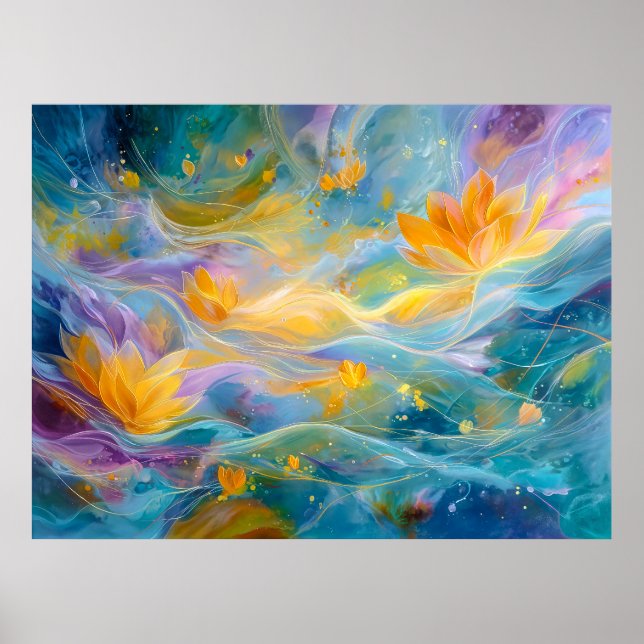 Abstrakt Guldlotus Flytande Blommor Poster (Framsidan)
