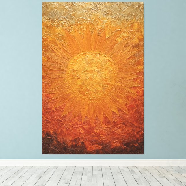 Abstrakt guldstrålande sol med texturerade strålar canvastryck (Insitu (trägolv))