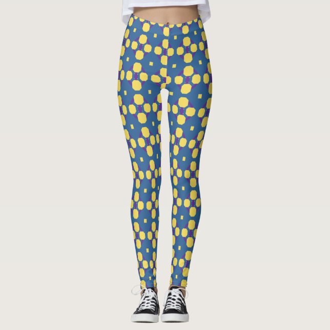 Abstrakt Gult Geometric Mönster på Blue Leggings (Framsida)