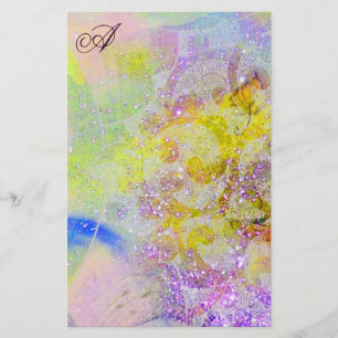 ABSTRAKT GULT LILA BLOMMIGT SWIRLS MONOGRAM BREVPAPPER
