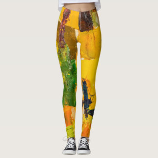 Abstrakt Gult Oil Canvas Painting Leggings