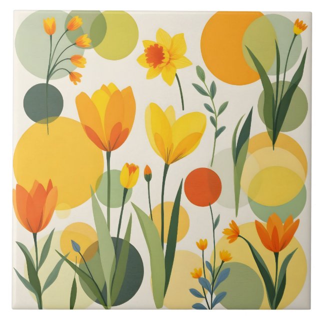 Abstrakt Gult Vår blommor keramik Tile Kakelplatta (Framsidan)