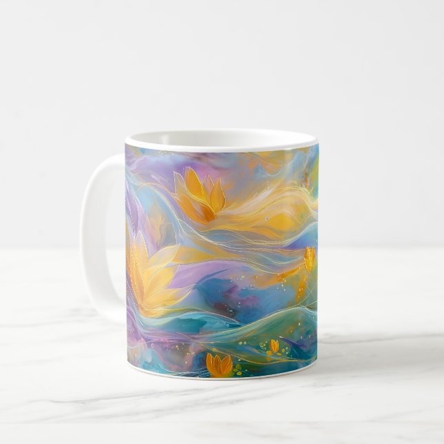 Abstrakt Gyllene Lotus Flytande Blommor  Kaffemugg (Framsida vänster)