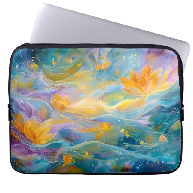 Abstrakt gyllene lotus flytande blommor laptop fodral (Framsidan)