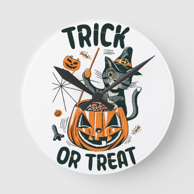 Abstrakt Halloween Katt Rund Klocka (Framsida)