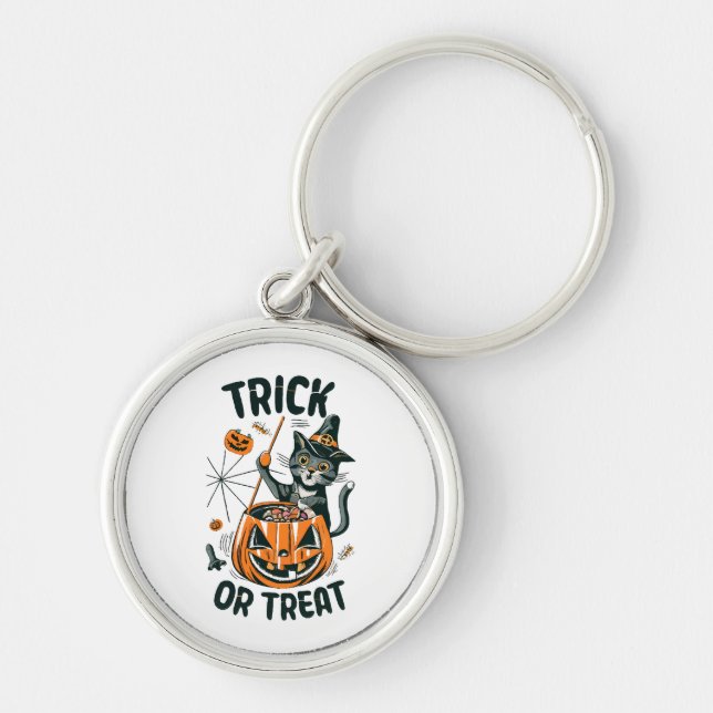 Abstrakt Halloween Katt Rund Silverfärgad Nyckelring (Framsidan)
