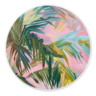 Abstrakt Handflatan Frond på Rosa Oljemålning Trop Knopp