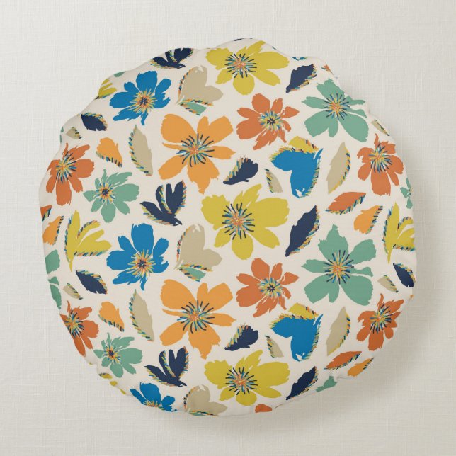 Abstrakt Handritad Boho Blommönster Rund Kudde (Baksidan)