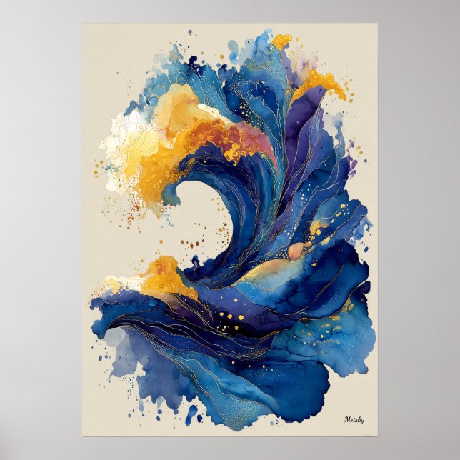 Abstrakt havsvåg flytande konst blå guld vätska poster (Framsidan)