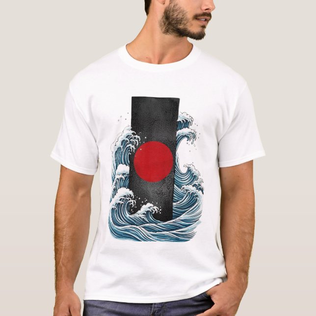 Abstrakt havsvåg och röd cirkel konst t shirt (Framsida)