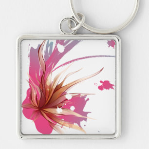 Abstrakt Hibiscus Flower Fyrkantig Silverfärgad Nyckelring
