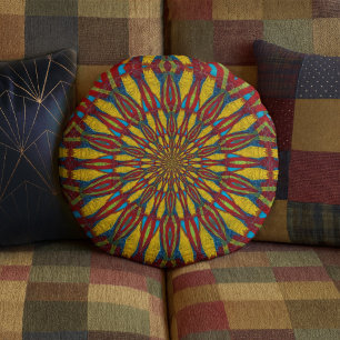 Abstrakt Hippie Red & Gult Blommigt Ethnic Tribal Rund Kudde