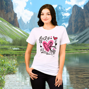Abstrakt Hjärtan T-Shirt - Modern Rosa Svart Kärle