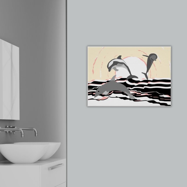 Abstrakt hoppande delfiner i havet vid soluppgånge poster (Abstract Ocean Jumping Dolphins At Sunrise Poster, Bathroom)