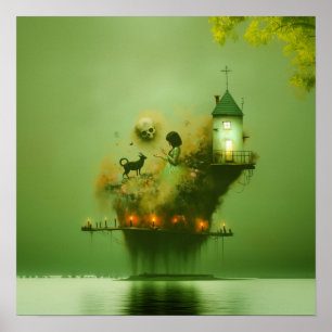 Abstrakt Horns Cat Grönt Witchy AI Art Matte Value Poster