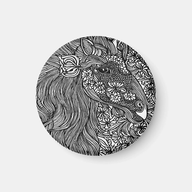 Abstrakt Horse ansikte Flowers Original bläck Art Magnet (Framsidan)