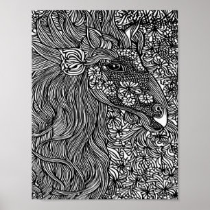Abstrakt Horse ansikte Flowers Original bläck Art Poster