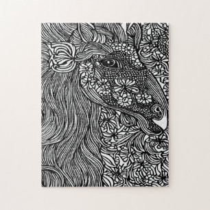 Abstrakt Horse ansikte Flowers Original bläck Art Pussel