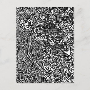 Abstrakt Horse ansikte Flowers Original bläck Art Vykort