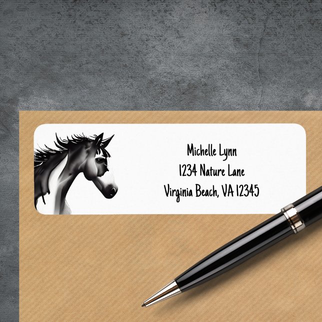 Abstrakt Horse | Svartvit Adress Returadress Etikett (Abstract Horse Black and White Address Label)