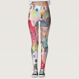 Abstrakt Houses: Sömlös bakgrund med vattenfärg. Leggings